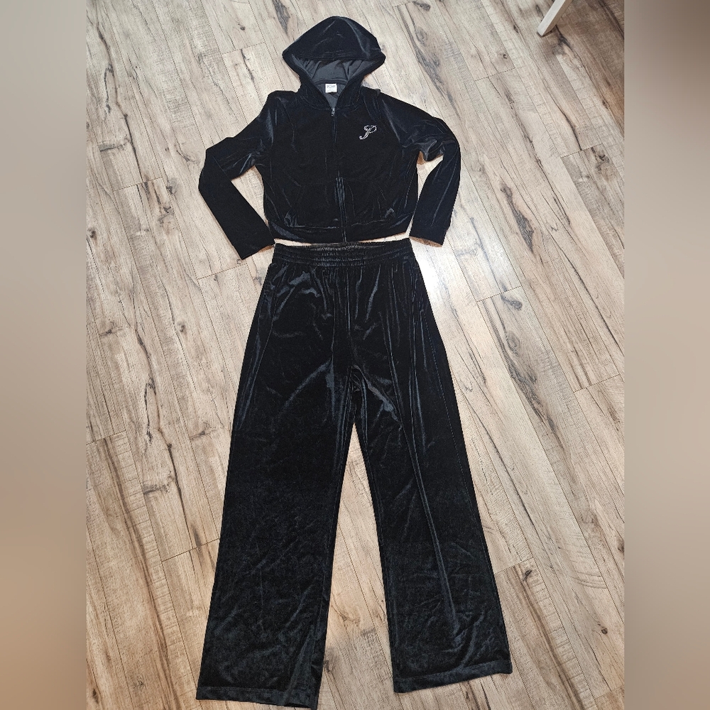 PINK Victoria’s Secret Black Velour Shine Logo Wide Leg Track Sweat Suit Large